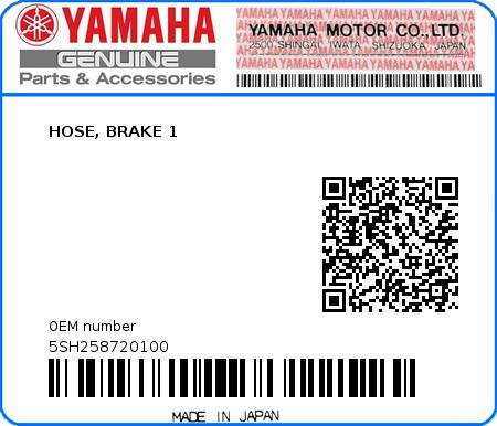 Product image: Yamaha - 5SH258720100 - HOSE, BRAKE 1  0