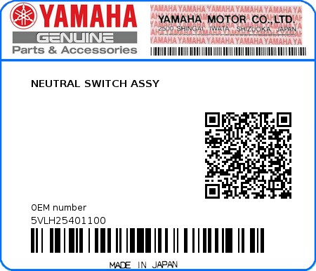 Product image: Yamaha - 5VLH25401100 - NEUTRAL SWITCH ASSY  0