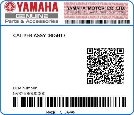 Product image: Yamaha - 5VS2580U0000 - CALIPER ASSY (RIGHT)  0