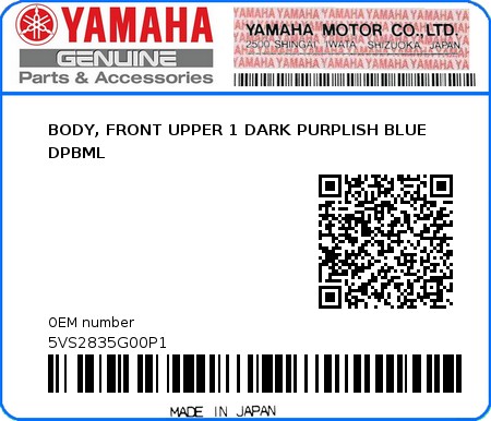 Product image: Yamaha - 5VS2835G00P1 - BODY, FRONT UPPER 1 DARK PURPLISH BLUE DPBML  0