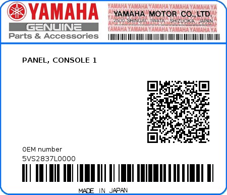 Product image: Yamaha - 5VS2837L0000 - PANEL, CONSOLE 1  0