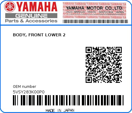 Product image: Yamaha - 5VSY283K00P0 - BODY, FRONT LOWER 2  0