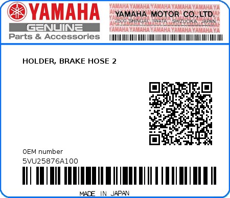 Product image: Yamaha - 5VU25876A100 - HOLDER, BRAKE HOSE 2  0