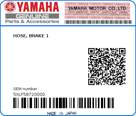 Product image: Yamaha - 5XLF58720000 - HOSE, BRAKE 1  0