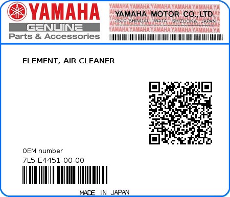 Product image: Yamaha - 7L5-E4451-00-00 - ELEMENT, AIR CLEANER  0