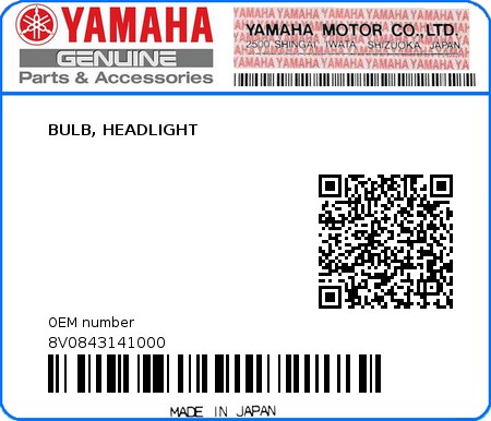 Product image: Yamaha - 8V0843141000 - BULB, HEADLIGHT  0