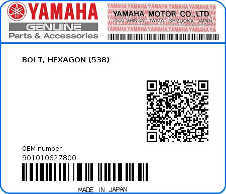 Product image: Yamaha - 901010627800 - BOLT, HEXAGON (538)  0
