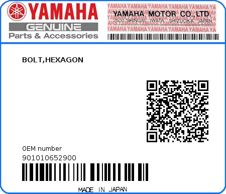 Product image: Yamaha - 901010652900 - BOLT,HEXAGON  0