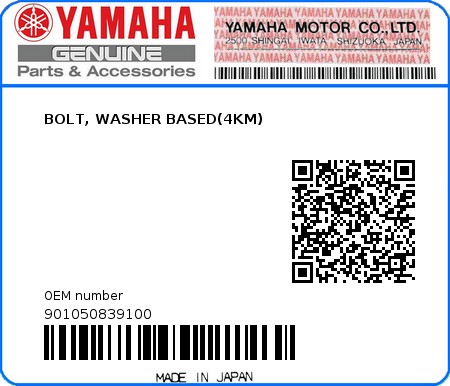 Product image: Yamaha - 901050839100 - BOLT, WASHER BASED(4KM)  0