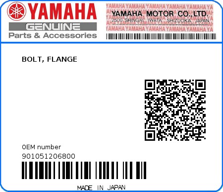 Product image: Yamaha - 901051206800 - BOLT, FLANGE  0
