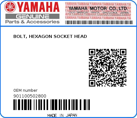 Product image: Yamaha - 901100502800 - BOLT, HEXAGON SOCKET HEAD  0