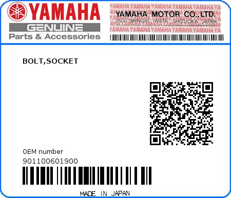 Product image: Yamaha - 901100601900 - BOLT,SOCKET  0