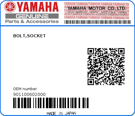 Product image: Yamaha - 901100602000 - BOLT,SOCKET  0