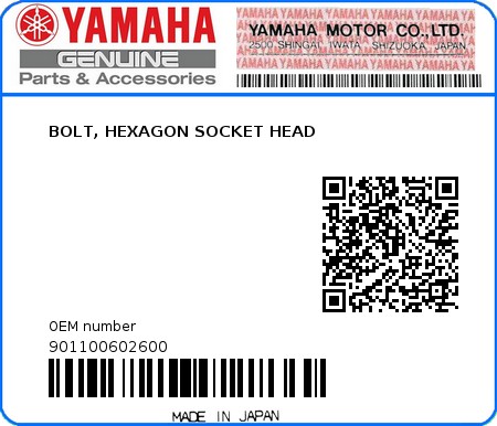 Product image: Yamaha - 901100602600 - BOLT, HEXAGON SOCKET HEAD  0