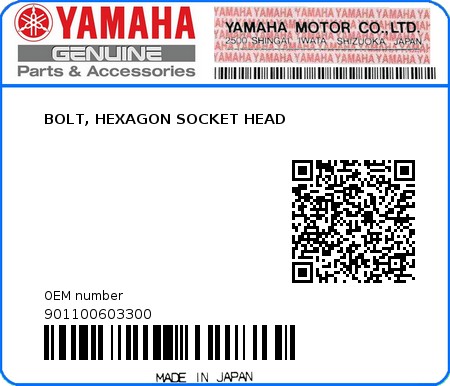 Product image: Yamaha - 901100603300 - BOLT, HEXAGON SOCKET HEAD  0