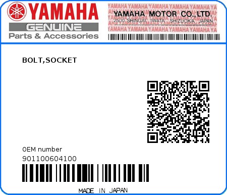 Product image: Yamaha - 901100604100 - BOLT,SOCKET  0