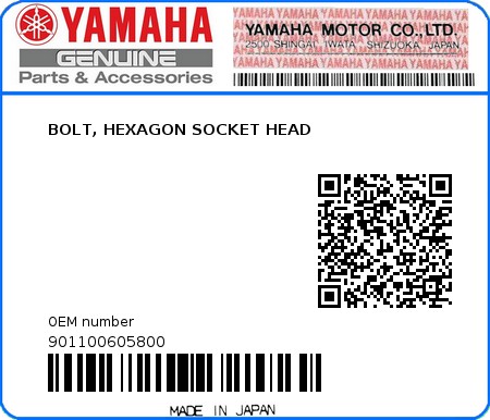 Product image: Yamaha - 901100605800 - BOLT, HEXAGON SOCKET HEAD  0