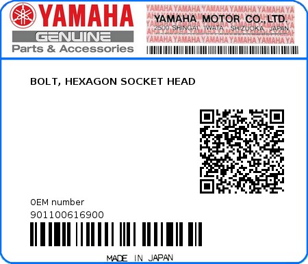 Product image: Yamaha - 901100616900 - BOLT, HEXAGON SOCKET HEAD  0