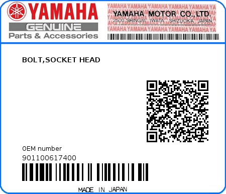 Product image: Yamaha - 901100617400 - BOLT,SOCKET HEAD  0