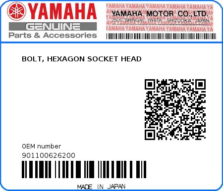 Product image: Yamaha - 901100626200 - BOLT, HEXAGON SOCKET HEAD  0