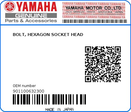 Product image: Yamaha - 901100632300 - BOLT, HEXAGON SOCKET HEAD  0