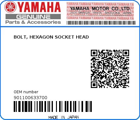 Product image: Yamaha - 901100633700 - BOLT, HEXAGON SOCKET HEAD  0
