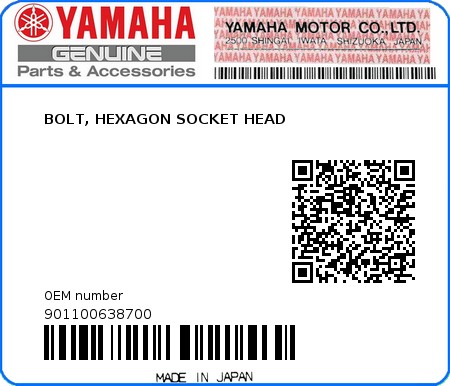 Product image: Yamaha - 901100638700 - BOLT, HEXAGON SOCKET HEAD  0