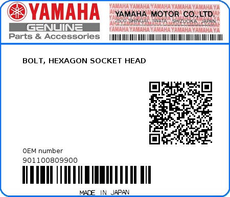 Product image: Yamaha - 901100809900 - BOLT, HEXAGON SOCKET HEAD  0