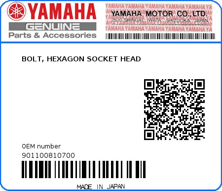 Product image: Yamaha - 901100810700 - BOLT, HEXAGON SOCKET HEAD  0
