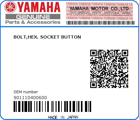 Product image: Yamaha - 901110400600 - BOLT,HEX. SOCKET BUTTON  0