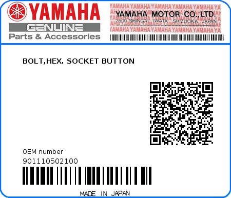 Product image: Yamaha - 901110502100 - BOLT,HEX. SOCKET BUTTON  0