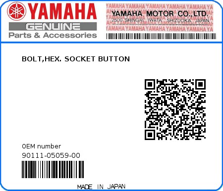 Product image: Yamaha - 90111-05059-00 - BOLT,HEX. SOCKET BUTTON  0