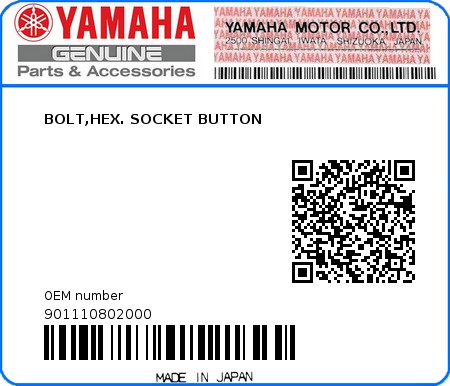 Product image: Yamaha - 901110802000 - BOLT,HEX. SOCKET BUTTON  0