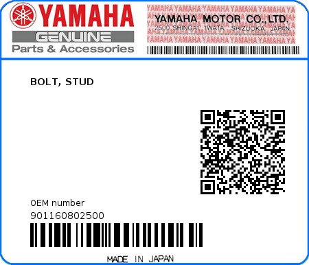 Product image: Yamaha - 901160802500 - BOLT, STUD  0