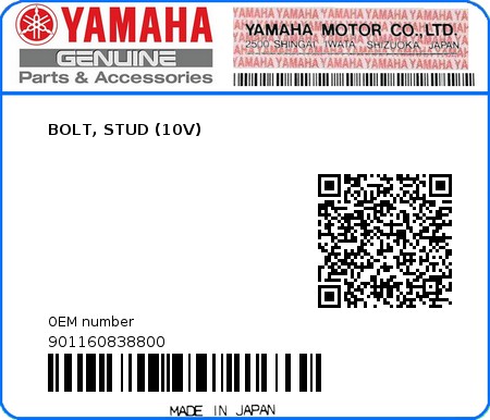 Product image: Yamaha - 901160838800 - BOLT, STUD (10V)  0