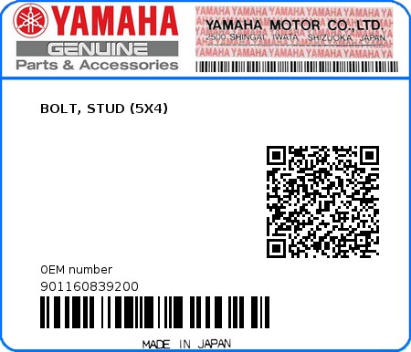 Product image: Yamaha - 901160839200 - BOLT, STUD (5X4)  0
