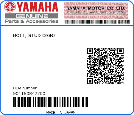 Product image: Yamaha - 901160842700 - BOLT, STUD (26R)  0