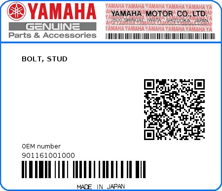 Product image: Yamaha - 901161001000 - BOLT, STUD  0