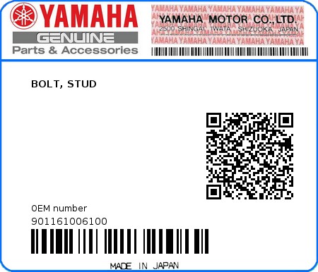 Product image: Yamaha - 901161006100 - BOLT, STUD  0