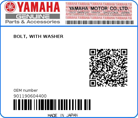 Product image: Yamaha - 901190604400 - BOLT, WITH WASHER  0