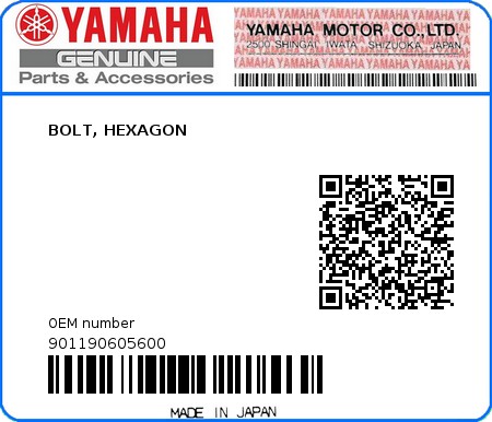 Product image: Yamaha - 901190605600 - BOLT, HEXAGON  0