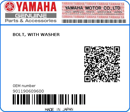 Product image: Yamaha - 901190609600 - BOLT, WITH WASHER   0