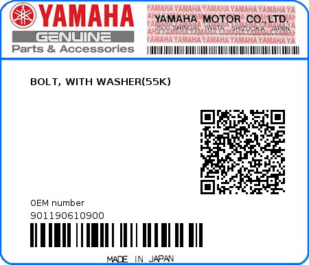 Product image: Yamaha - 901190610900 - BOLT, WITH WASHER(55K)  0