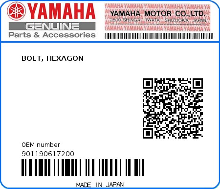 Product image: Yamaha - 901190617200 - BOLT, HEXAGON  0