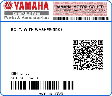 Product image: Yamaha - 901190619400 - BOLT, WITH WASHER(55K)  0