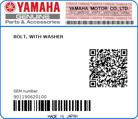 Product image: Yamaha - 901190620100 - BOLT, WITH WASHER  0