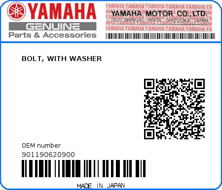 Product image: Yamaha - 901190620900 - BOLT, WITH WASHER  0