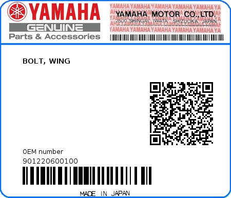 Product image: Yamaha - 901220600100 - BOLT, WING  0