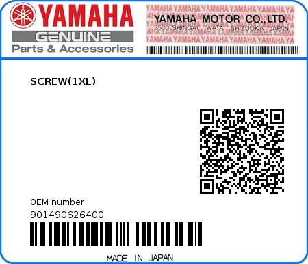 Product image: Yamaha - 901490626400 - SCREW(1XL)  0