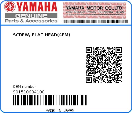 Product image: Yamaha - 901510604100 - SCREW, FLAT HEAD(4EM)  0